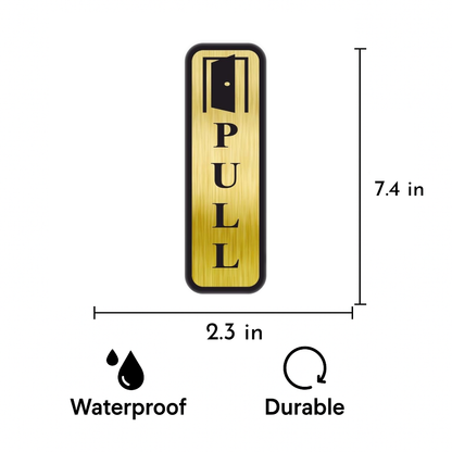 Smeeps Vertical “PULL” Door Sign – 19x6 cm | Elegant Gold Finish with Black Text & Door Icon | Adhesive Sticker for Glass, Metal & Wood Surfaces | Perfect for Office, Shops & Hotels