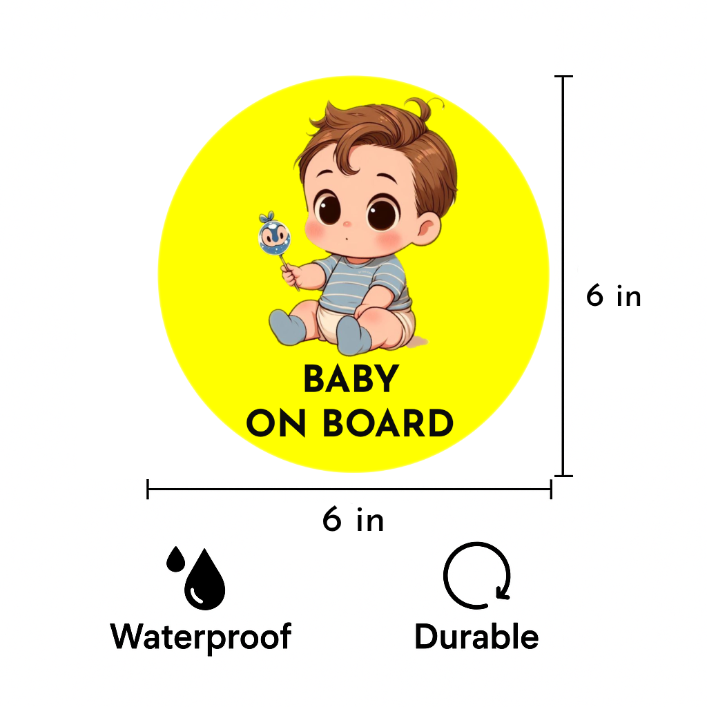 Smeeps Baby on Board Sticker – 15.24 cm Round | Cute Cartoon Baby Boy with Toy Design | Yellow & Black Waterproof Car Safety Sign