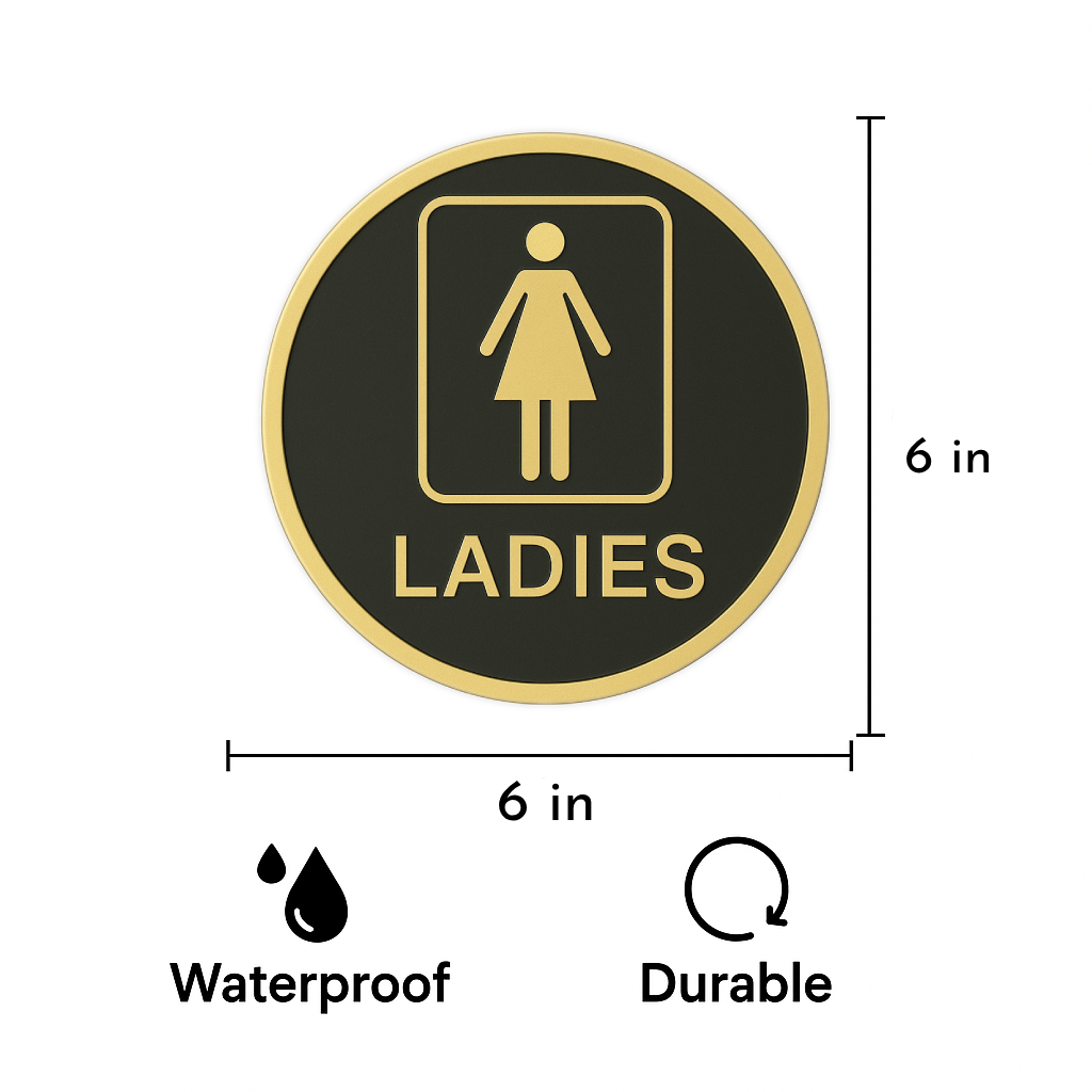 Smeeps “LADIES” Restroom Sign – Round 15.24 cm | Elegant Black & Gold Finish | Self-Adhesive | Waterproof & Durable | Ideal for Offices, Hotels, Cafés, and Commercial Use
