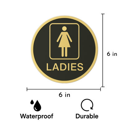 Smeeps “LADIES” Restroom Sign – Round 15.24 cm | Elegant Black & Gold Finish | Self-Adhesive | Waterproof & Durable | Ideal for Offices, Hotels, Cafés, and Commercial Use