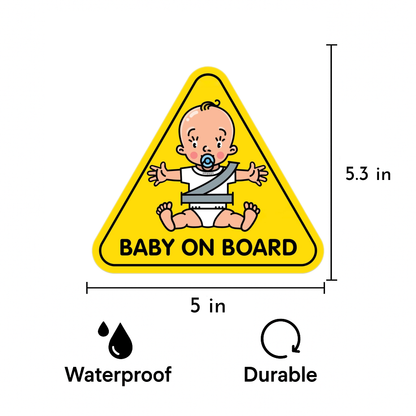 Smeeps Baby on Board Car Sticker, 13.57 x 12.07 cm Triangle, Bright Yellow Safety Decal with Cartoon Baby – Waterproof & Weatherproof for Rear Windows