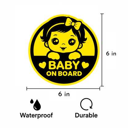Smeeps Baby on Board Sticker – 15.24 cm Round | Cute Baby Girl Design with Bow | Yellow & Black Waterproof Car Safety Sign