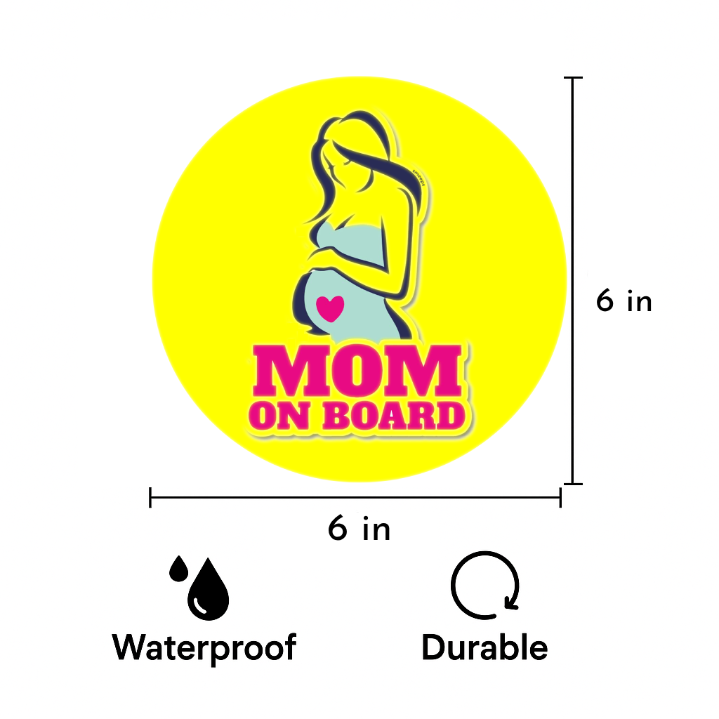 Pack of 2 | Smeeps Mom on Board Sticker – 15.24 cm Round | Stylish Pregnant Mom Design | Bright Yellow Waterproof Car Safety Sign