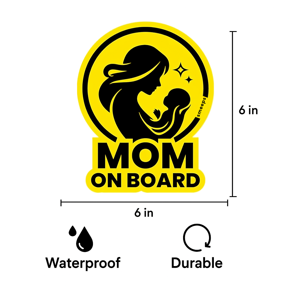 Pack of 2 | Smeeps Mom On Board Safety Sticker – 15.24 cm Car Window Sign for Mothers | High-Visibility Yellow Vinyl Decal