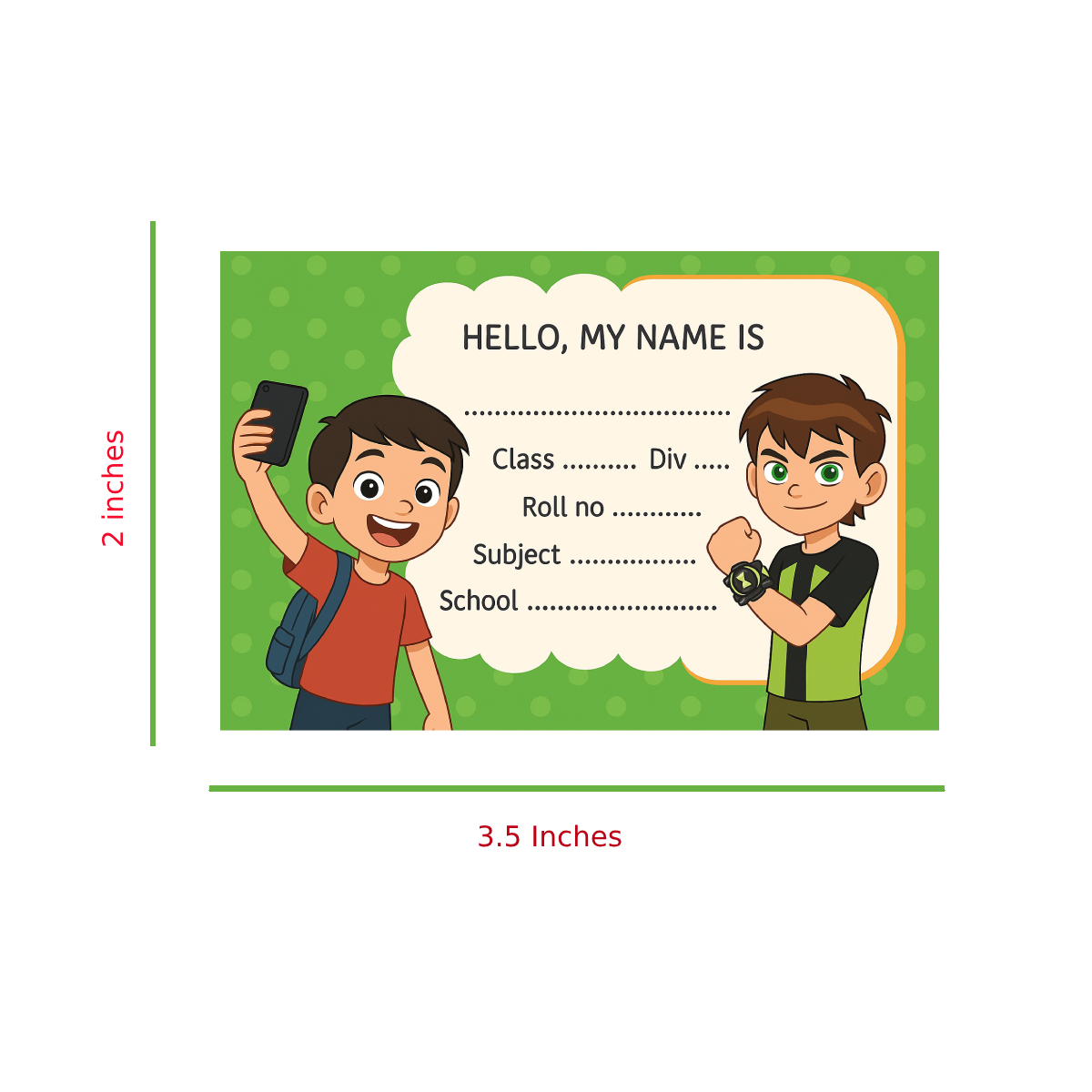 Smeeps Boys School Label Stickers – 3.5 x 2 Inch Name Slip for Books & Notebooks | Pack of 10 | Green Cartoon Theme for Kids