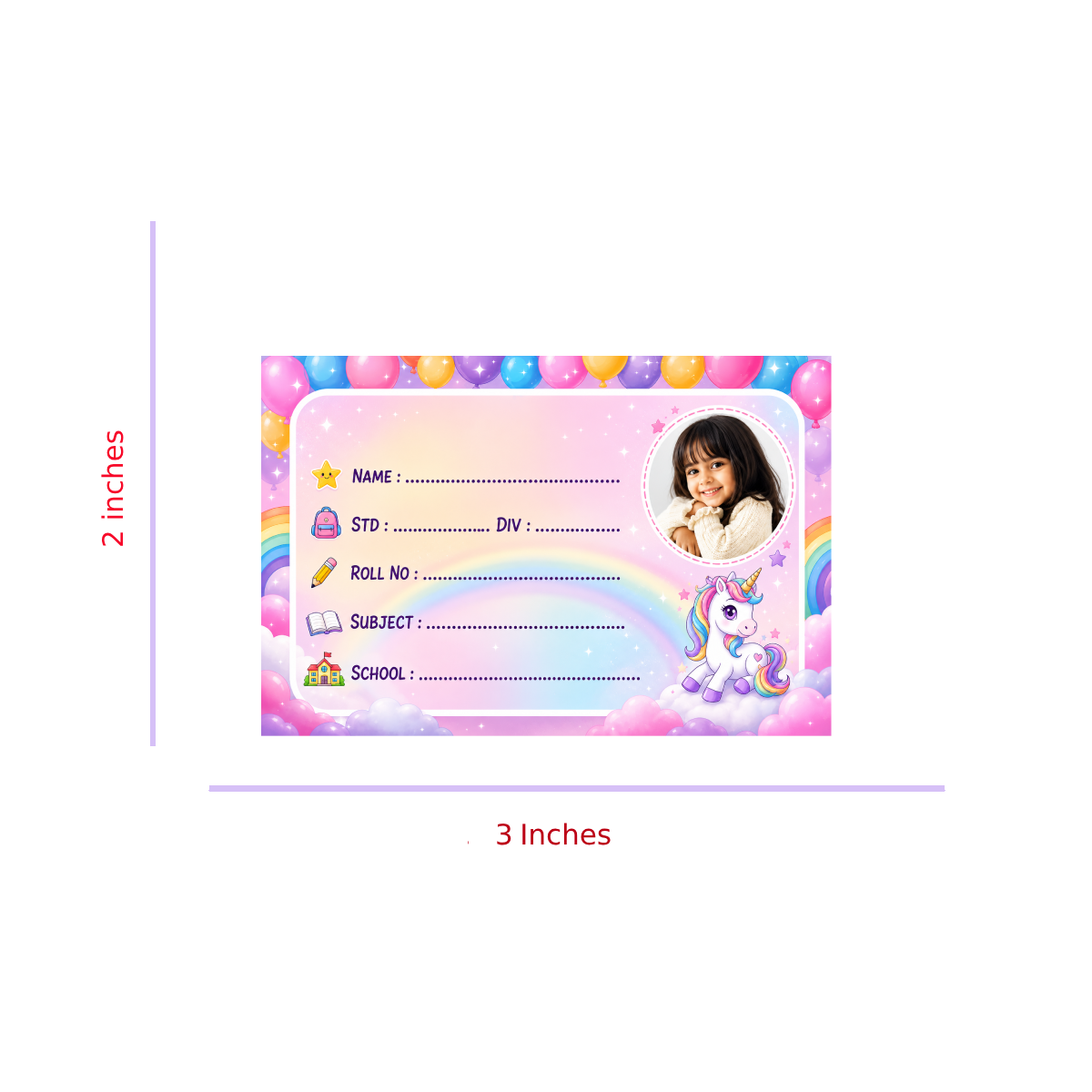 Custom Photo Unicorn School Name Labels – 7.62 × 5.08 cm (3 × 2 Inch) Personalized Waterproof Kids Notebook Stickers with Photo for School Books, Water Bottles & Accessories | Rainbow Unicorn Theme Pack of 36