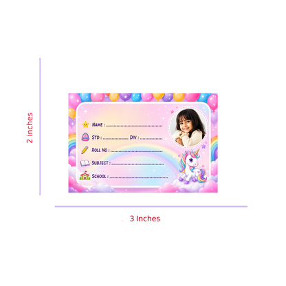 Custom Photo Unicorn School Name Labels – 7.62 × 5.08 cm (3 × 2 Inch) Personalized Waterproof Kids Notebook Stickers with Photo for School Books, Water Bottles & Accessories | Rainbow Unicorn Theme Pack of 36