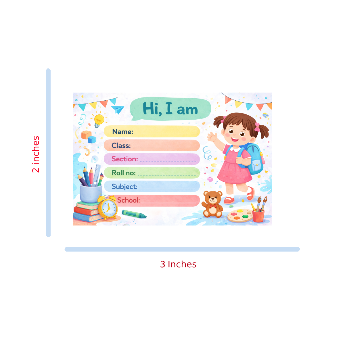 Smeeps Cute School Girl Name Labels Sticker – 7.62 × 5.08 cm (3 × 2 Inch) Personalized Writable Notebook Labels for Kids | Colorful School Theme Sticker Pack of 10