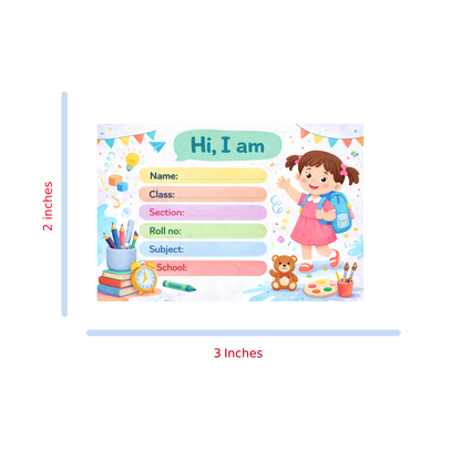 Smeeps Cute School Girl Name Labels Sticker – 7.62 × 5.08 cm (3 × 2 Inch) Personalized Writable Notebook Labels for Kids | Colorful School Theme Sticker Pack of 10