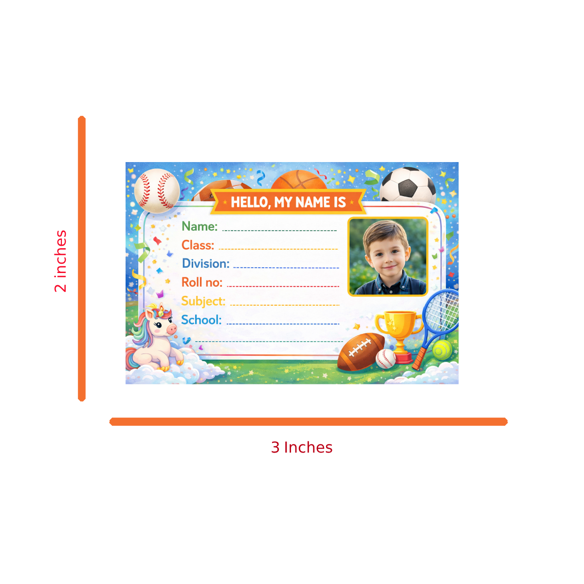 Smeeps Personalized Sports Theme School Label Stickers – Pack of 10 | 3 x 2 Inch Custom Name Labels with Photo | Football, Cricket, Basketball Design | Waterproof Premium Finish