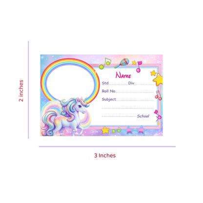 Smeeps Unicorn Rainbow Music Theme School Name Labels Sticker – 7.62 × 5.08 cm (3 × 2 Inch) Personalized Writable Notebook Labels for Kids | Cute Unicorn Photo Name Sticker Pack of 10