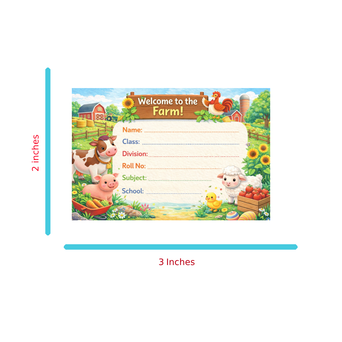 Smeeps Welcome to the Farm School Name Labels Sticker – 7.62 × 5.08 cm (3 × 2 Inch) Personalized Writable Notebook Labels for Kids | Cute Farm Animals Theme Sticker Pack of 10