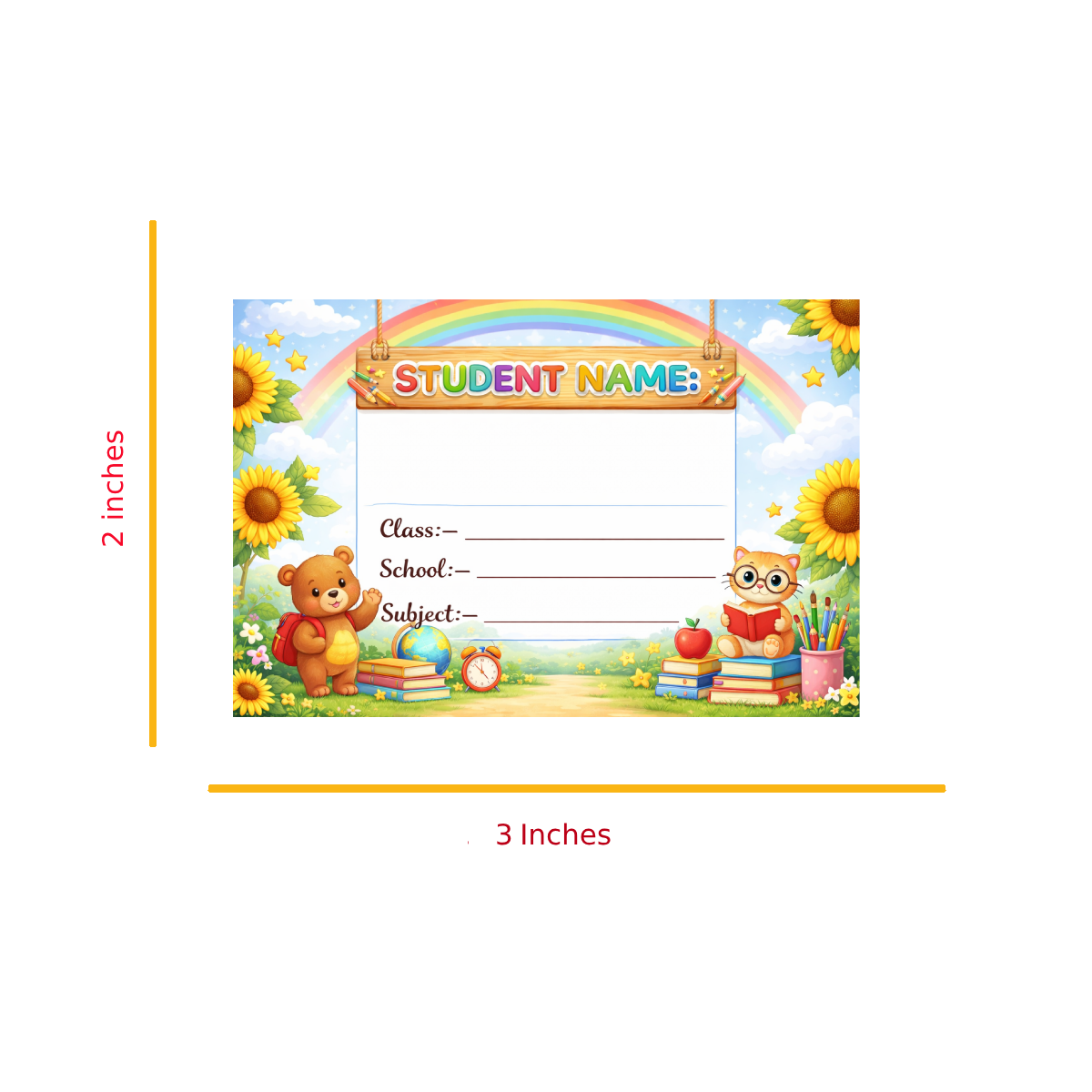 Smeeps Rainbow Teddy School Name Labels Sticker – 7.62 × 5.08 cm (3 × 2 Inch) Personalized Writable Notebook Labels for Kids | Cute Bear & Cat Theme Sticker Pack of 10