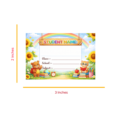 Smeeps Rainbow Teddy School Name Labels Sticker – 7.62 × 5.08 cm (3 × 2 Inch) Personalized Writable Notebook Labels for Kids | Cute Bear & Cat Theme Sticker Pack of 10