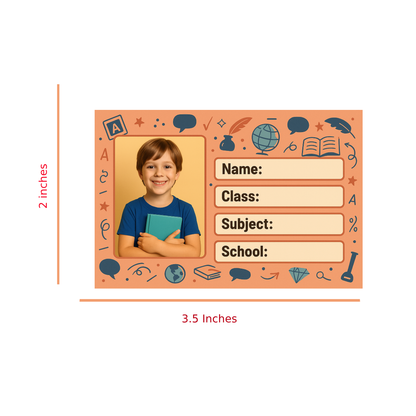 Smeeps Personalized School Book Label – Custom Photo Name Sticker for Kids | 3.5 x 2 Inch Orange Theme Notebook Labels | Pack of 10