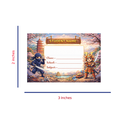 Smeeps Ninja Samurai School Name Labels Sticker – 7.62 × 5.08 cm (3 × 2 Inch) Personalized Writable Notebook Labels for Kids | Japanese Warrior Theme Sticker Pack of 10