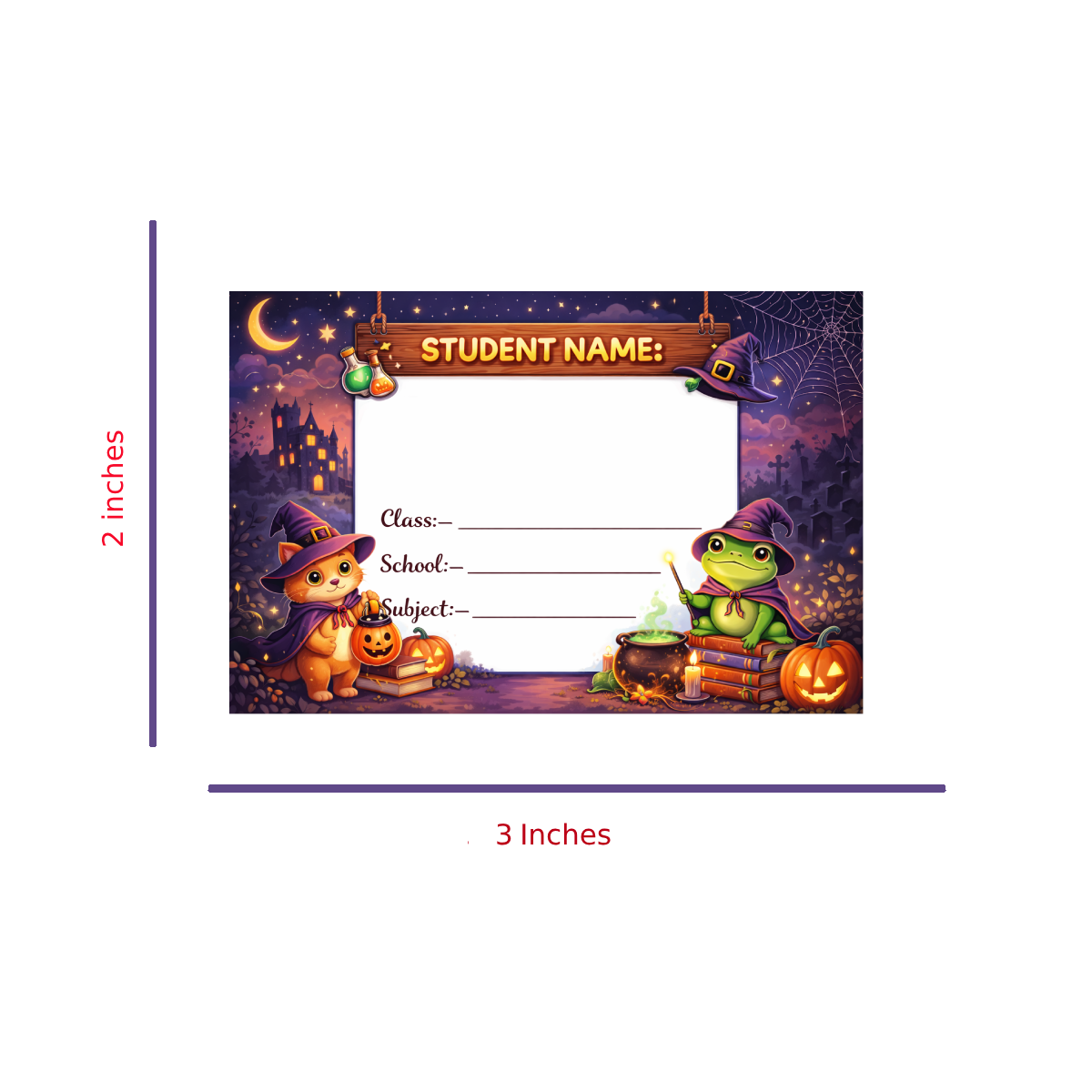 Smeeps Halloween Kids School Name Labels Sticker – 7.62 × 5.08 cm (3 × 2 Inch) Cute Witch Cat & Frog Writable Notebook Labels for Kids | Spooky Theme Sticker Pack of 10
