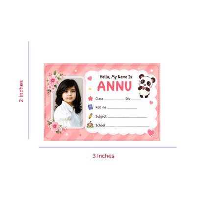 Custom Photo Panda School Name Labels – 7.62 × 5.08 cm (3 × 2 Inch) Personalized Waterproof Kids Notebook Stickers for School Books, Water Bottles & Accessories | Cute Pink Panda Theme Pack of 36