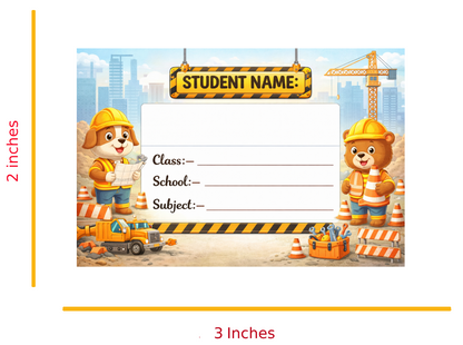 Smeeps Construction Theme School Name Labels Sticker – 7.62 × 5.08 cm (3 × 2 Inch) Personalized Writable Notebook Labels for Kids | Cute Builder Animal Design Sticker Pack of 10