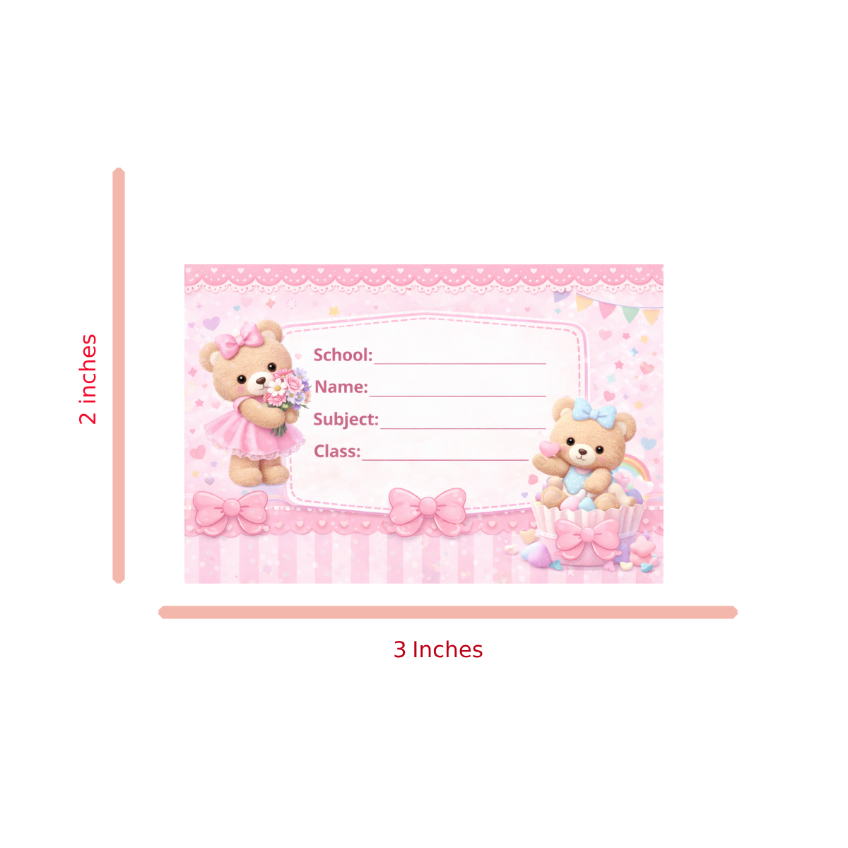 Smeeps Cute Teddy Bear School Name Labels Sticker – 7.62 × 5.08 cm (3 × 2 Inch) Personalized Writable Notebook Labels for Kids | Pink Teddy Theme Sticker Pack of 10