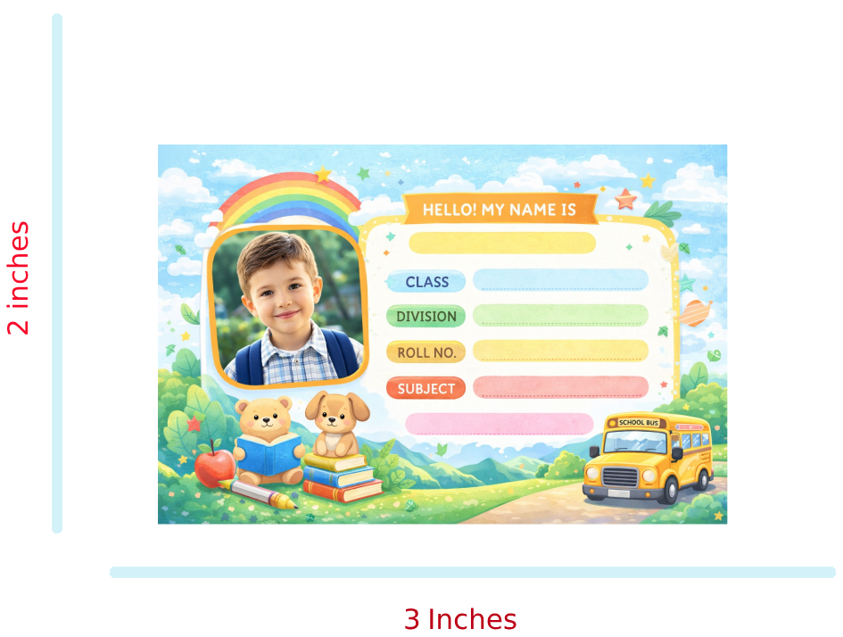Smeeps Personalized School Label Stickers – Pack of 10 | 3 x 2 Inch Custom Name Labels with Photo | Cute School Theme with Rainbow & Bus | Waterproof Premium Finish