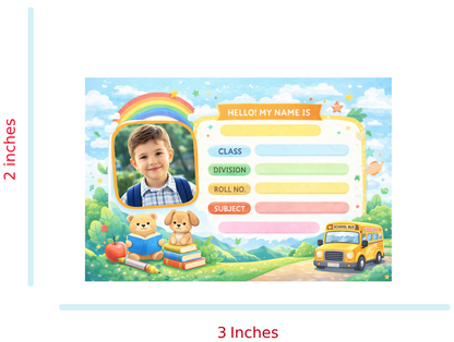 Smeeps Personalized School Label Stickers – Pack of 10 | 3 x 2 Inch Custom Name Labels with Photo | Cute School Theme with Rainbow & Bus | Waterproof Premium Finish