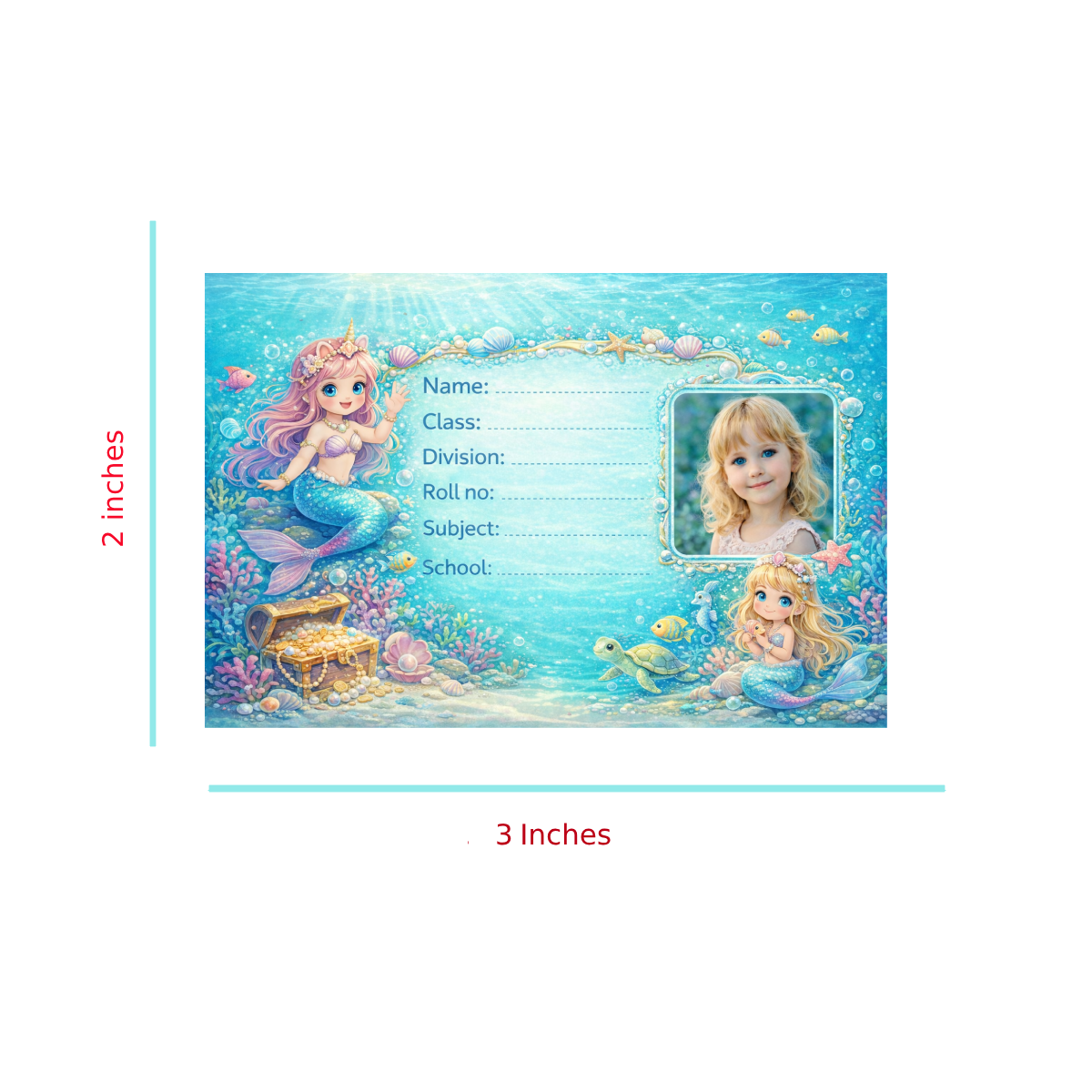 Smeeps Personalized Mermaid School Label Stickers – Pack of 10 | 3 x 2 Inch Custom Name Labels with Photo | Blue Underwater Ocean Theme | Waterproof Premium Stickers for Kids