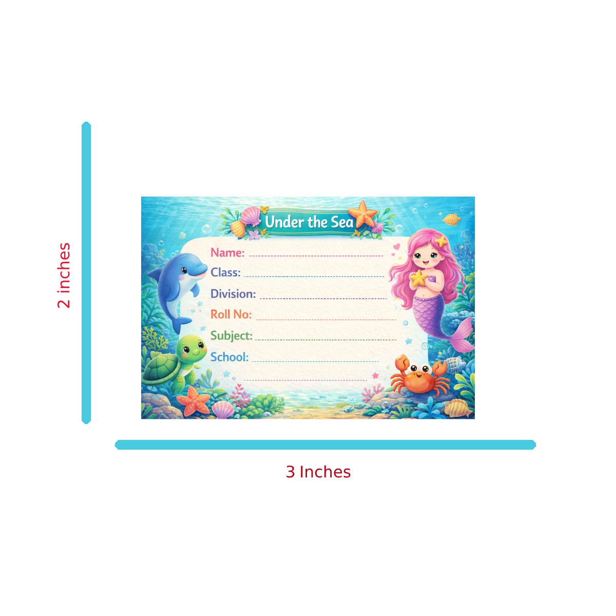 Smeeps Under The Sea Mermaid School Name Labels Sticker – 7.62 × 5.08 cm (3 × 2 Inch) Personalized Writable Notebook Labels for Kids | Cute Ocean Theme Sticker Pack of 10