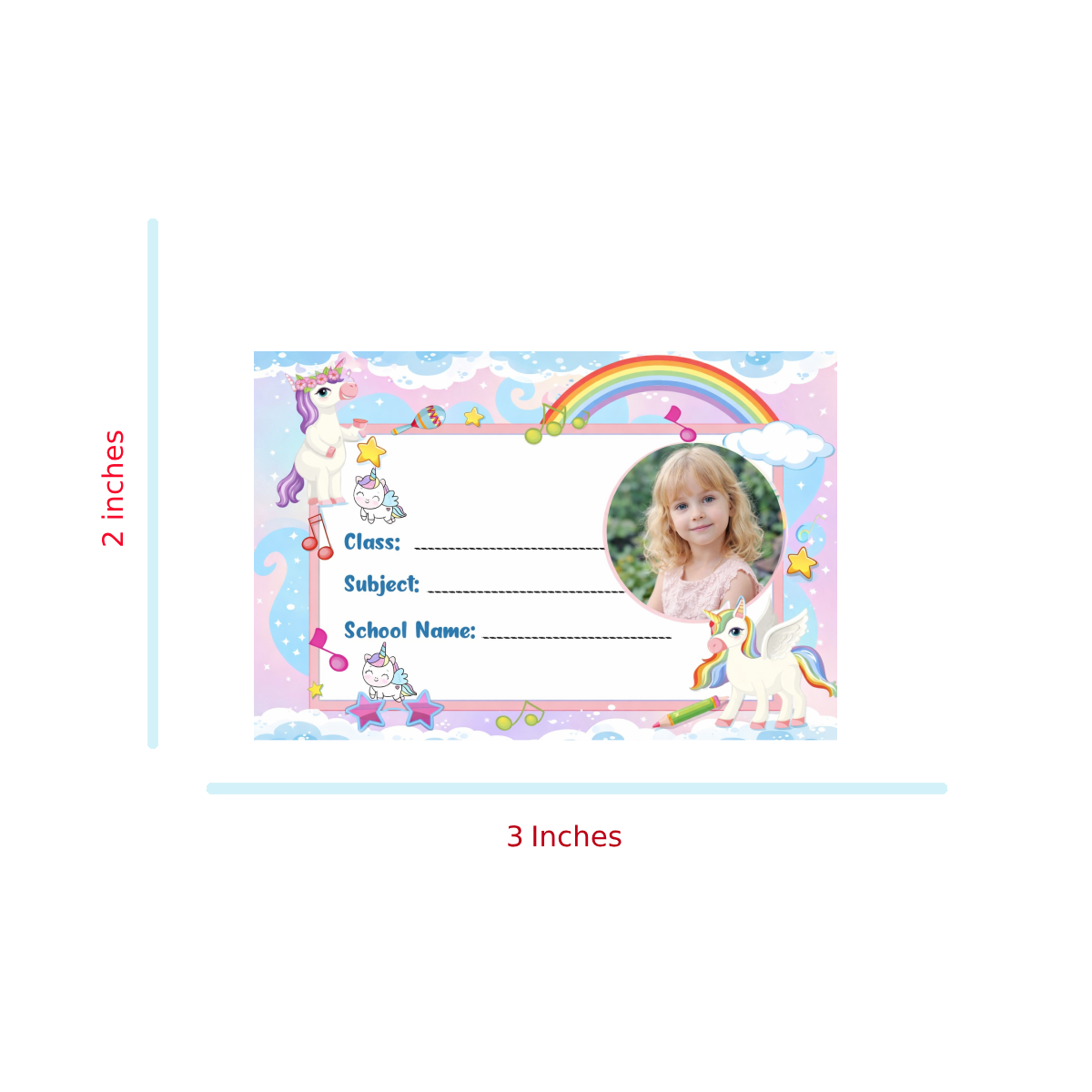 Smeeps Personalized Unicorn School Label Stickers – Pack of 10 | 3 x 2 Inch Custom Name Labels with Photo | Rainbow & Musical Unicorn Theme | Waterproof Premium Finish