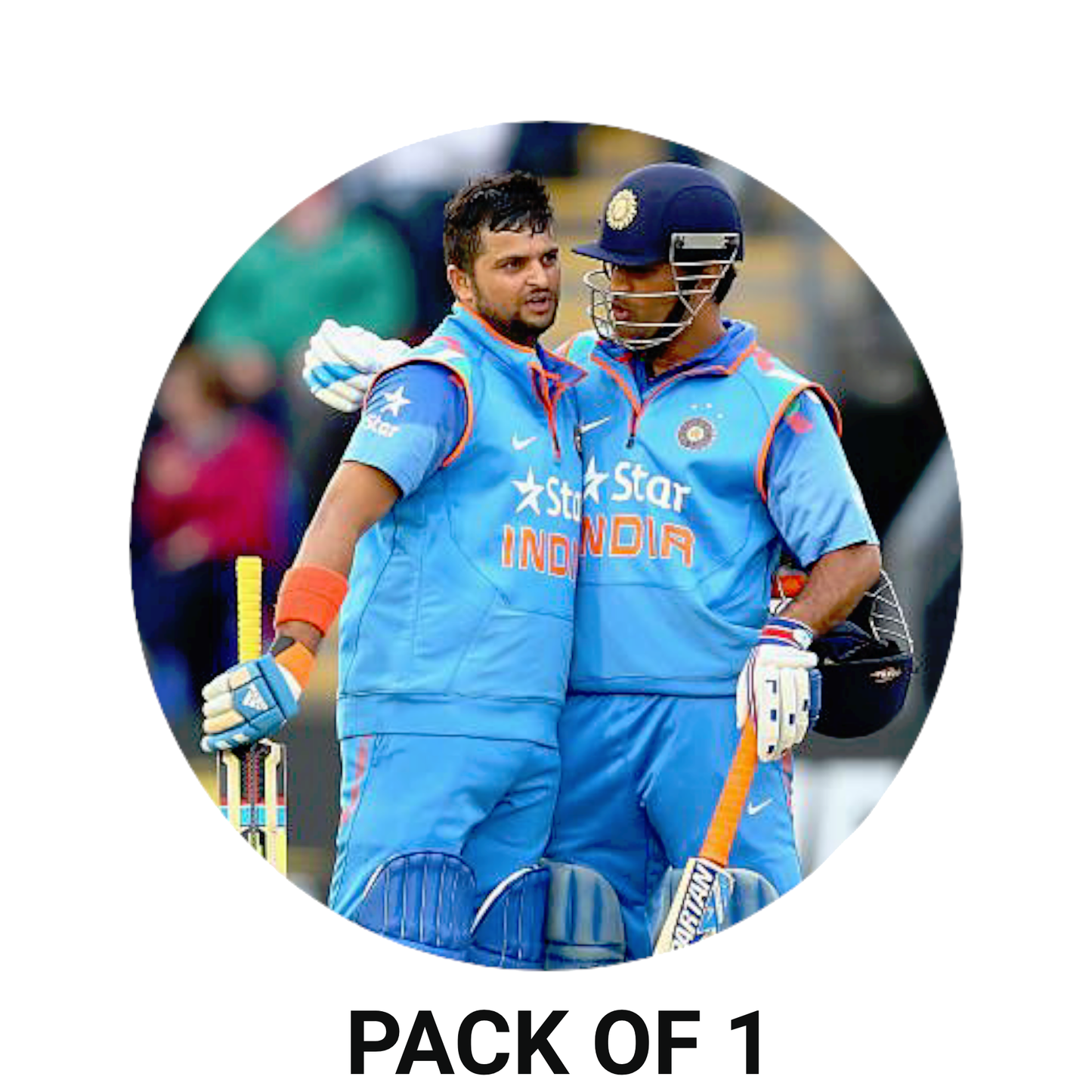 Smeeps Suresh Raina & MS Dhoni Sticker – 10.16 cm (4 Inch) Indian Cricket Legends Fan Vinyl Decal | Waterproof UV Resistant Round Car & Bike Sticker