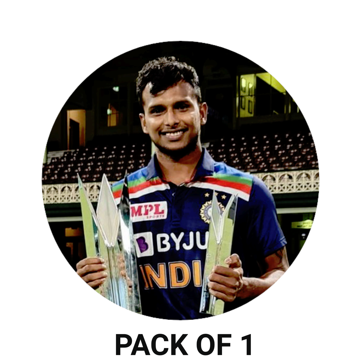 Smeeps T. Natarajan Sticker – 10.16 cm (4 Inch) Indian Cricket Fast Bowler Fan Vinyl Decal | Waterproof UV Resistant Round Car & Bike Sticker