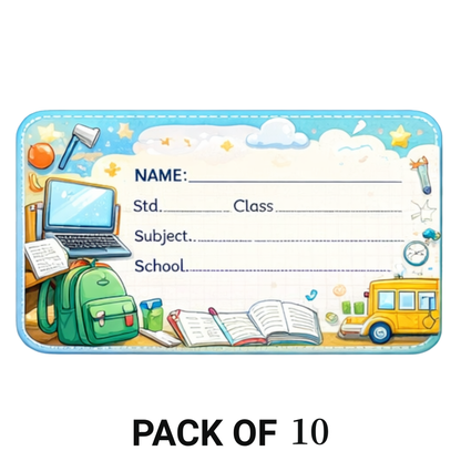 Smeeps School Supplies Theme Name Labels Sticker – 7.62 × 5.08 cm (3 × 2 Inch) Personalized Writable Notebook Labels for Students | Cute Study Essentials Design Pack of 10