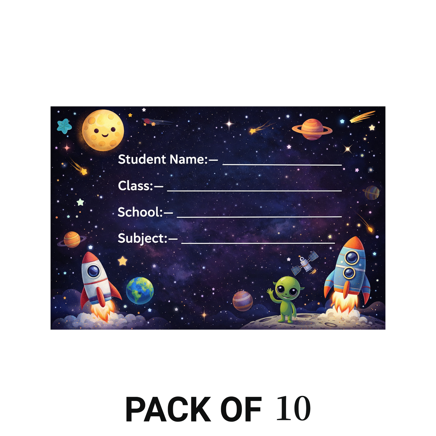 Smeeps Space Galaxy School Name Labels Sticker – 7.62 × 5.08 cm (3 × 2 Inch) Personalized Writable Notebook Labels for Kids | Rocket & Alien Theme Sticker Pack of 10