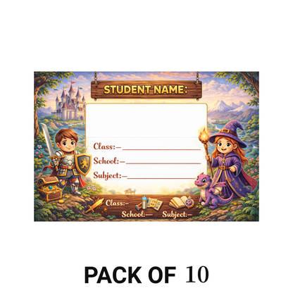 Smeeps Fantasy Adventure School Name Labels Sticker – 7.62 × 5.08 cm (3 × 2 Inch) Cute Knight & Wizard Writable Notebook Labels for Kids | Magical Kingdom Theme Sticker Pack of 10