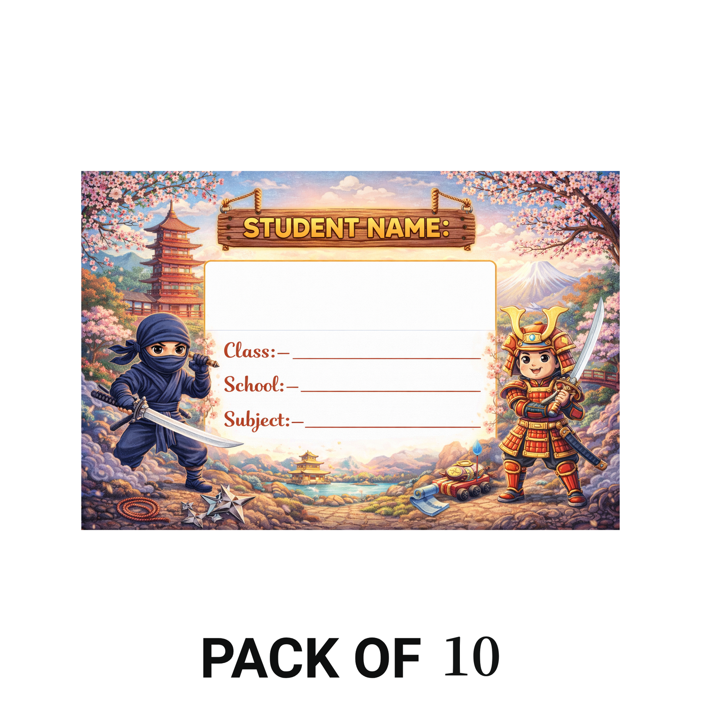 Smeeps Ninja Samurai School Name Labels Sticker – 7.62 × 5.08 cm (3 × 2 Inch) Personalized Writable Notebook Labels for Kids | Japanese Warrior Theme Sticker Pack of 10