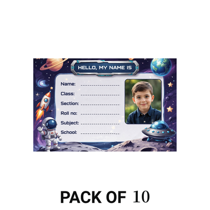 Smeeps Personalized Space Galaxy School Label Stickers – Pack of 10 | 3 x 2 Inch Custom Name Labels with Photo | Astronaut, Rocket & Planet Theme | Waterproof Premium Finish