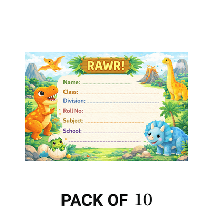 Smeeps Dinosaur Theme School Name Labels Sticker – 7.62 × 5.08 cm (3 × 2 Inch) Personalized Writable Notebook Labels for Kids | Cute Dino Jungle Theme Sticker Pack of 10