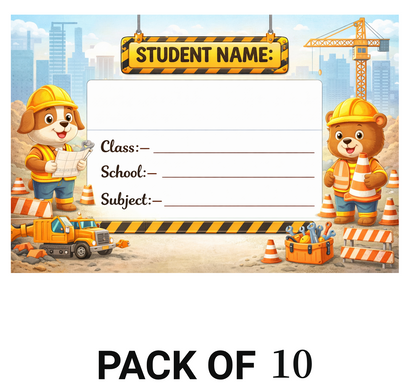 Smeeps Construction Theme School Name Labels Sticker – 7.62 × 5.08 cm (3 × 2 Inch) Personalized Writable Notebook Labels for Kids | Cute Builder Animal Design Sticker Pack of 10