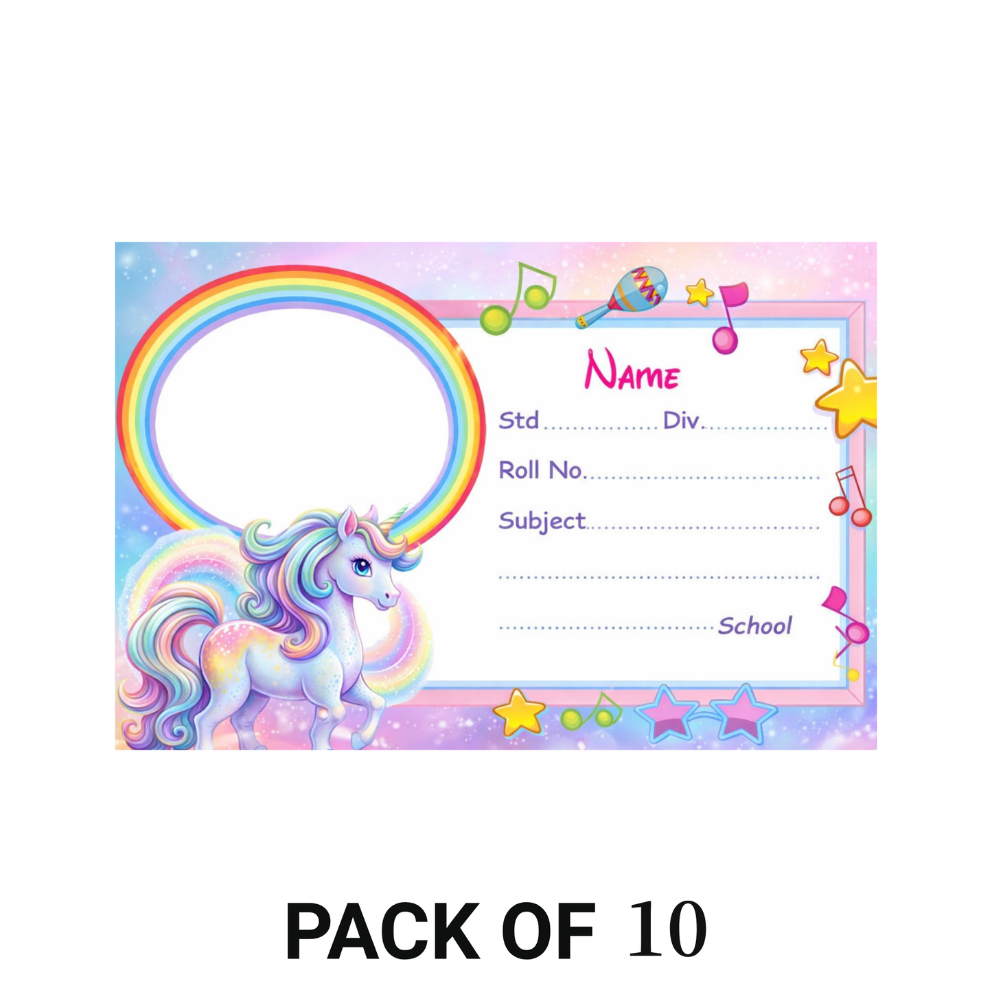 Smeeps Unicorn Rainbow Music Theme School Name Labels Sticker – 7.62 × 5.08 cm (3 × 2 Inch) Personalized Writable Notebook Labels for Kids | Cute Unicorn Photo Name Sticker Pack of 10