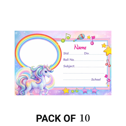 Smeeps Unicorn Rainbow Music Theme School Name Labels Sticker – 7.62 × 5.08 cm (3 × 2 Inch) Personalized Writable Notebook Labels for Kids | Cute Unicorn Photo Name Sticker Pack of 10