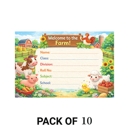 Smeeps Welcome to the Farm School Name Labels Sticker – 7.62 × 5.08 cm (3 × 2 Inch) Personalized Writable Notebook Labels for Kids | Cute Farm Animals Theme Sticker Pack of 10