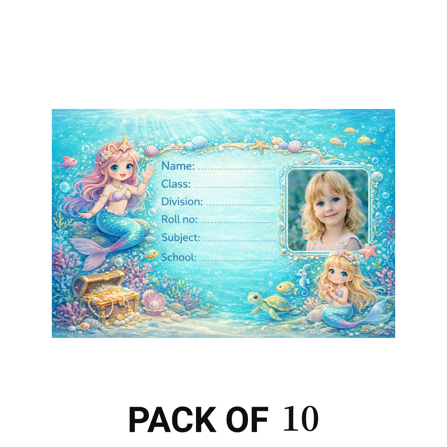 Smeeps Personalized Mermaid School Label Stickers – Pack of 10 | 3 x 2 Inch Custom Name Labels with Photo | Blue Underwater Ocean Theme | Waterproof Premium Stickers for Kids
