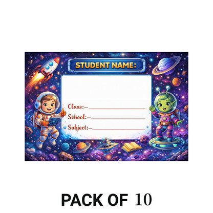 Smeeps Space Adventure School Name Labels Sticker – 7.62 × 5.08 cm (3 × 2 Inch) Personalized Writable Notebook Labels for Kids | Astronaut & Alien Theme Sticker Pack of 10