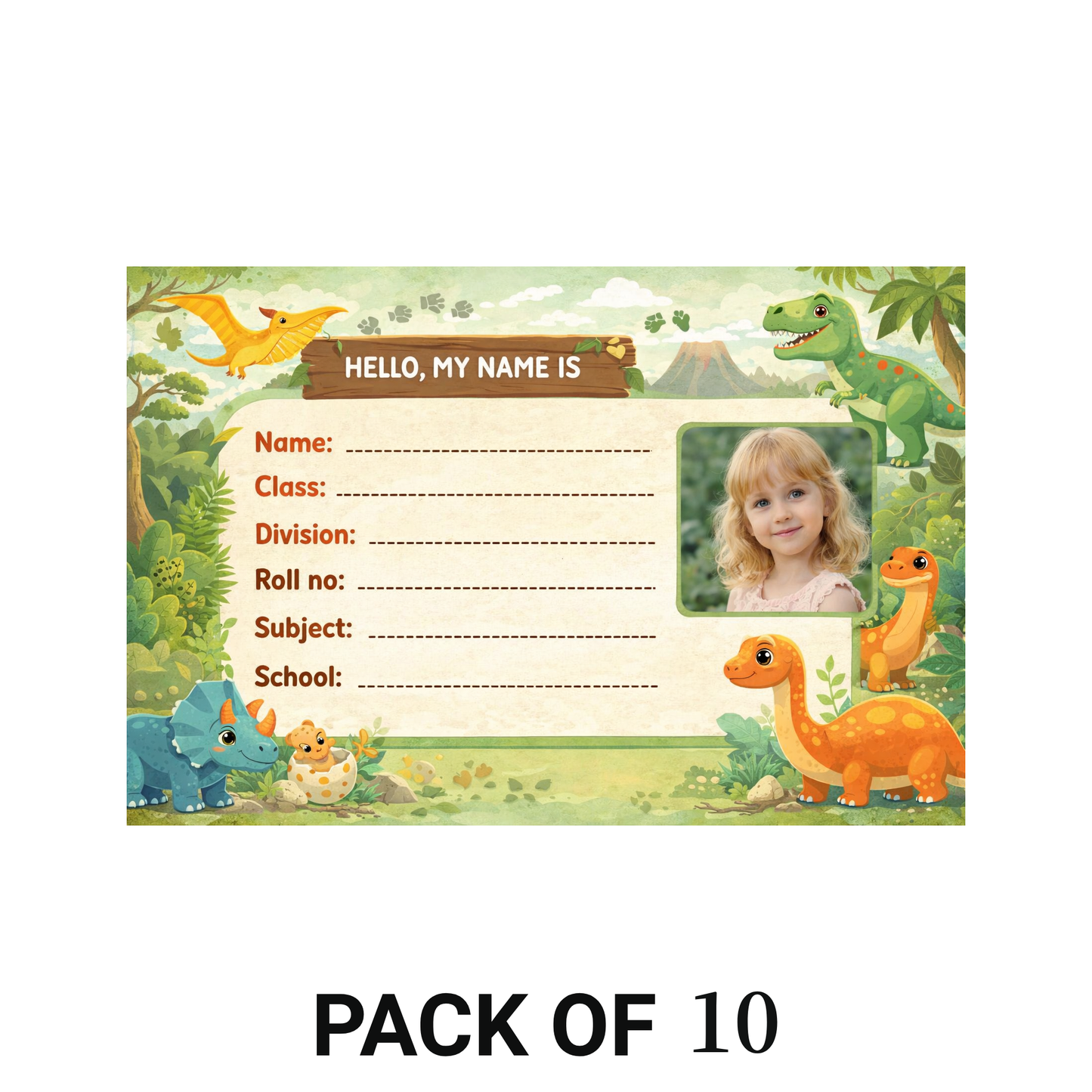 Smeeps Personalized Dinosaur School Label Stickers – Pack of 10 | 3 x 2 Inch Custom Name Labels with Photo | Cute Dino Jungle Theme | Waterproof Premium Finish