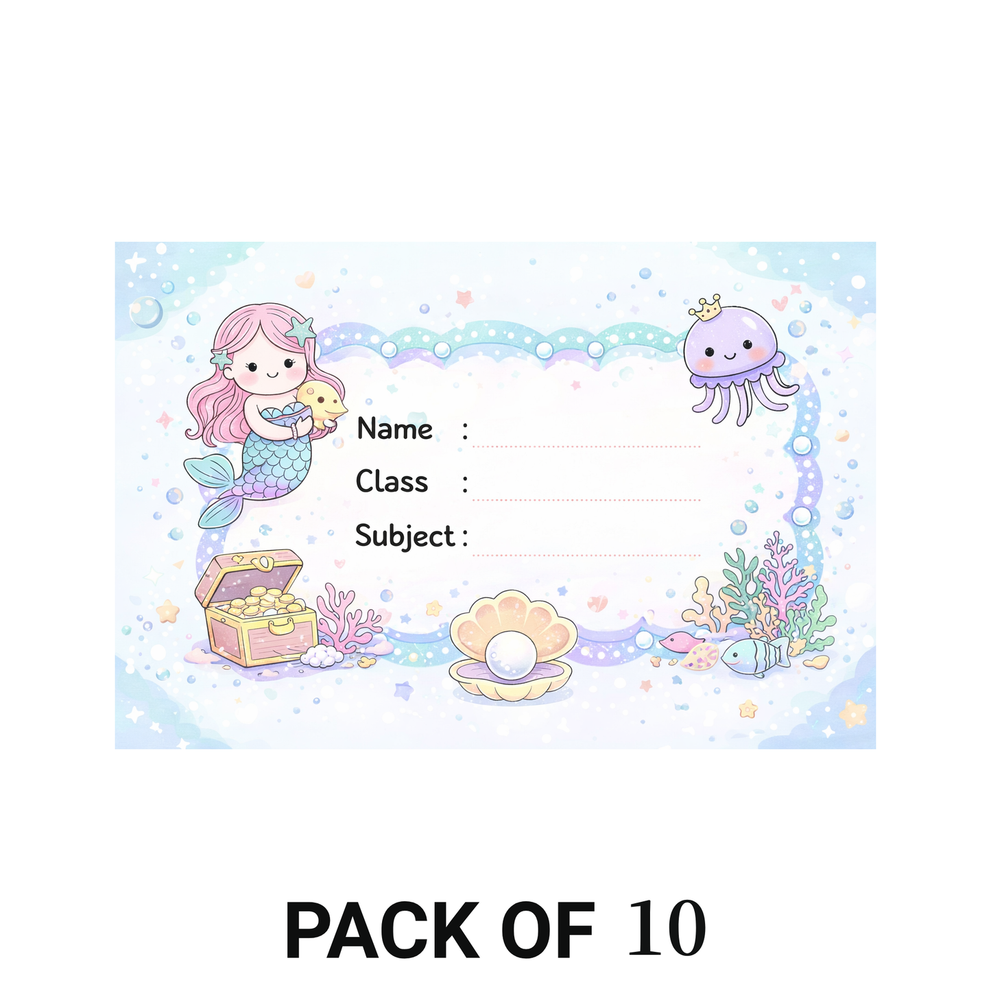 Smeeps Cute Mermaid School Name Labels Sticker – 7.62 × 5.08 cm (3 × 2 Inch) Personalized Writable Notebook Labels for Kids | Ocean Fantasy Theme Sticker Pack of 10