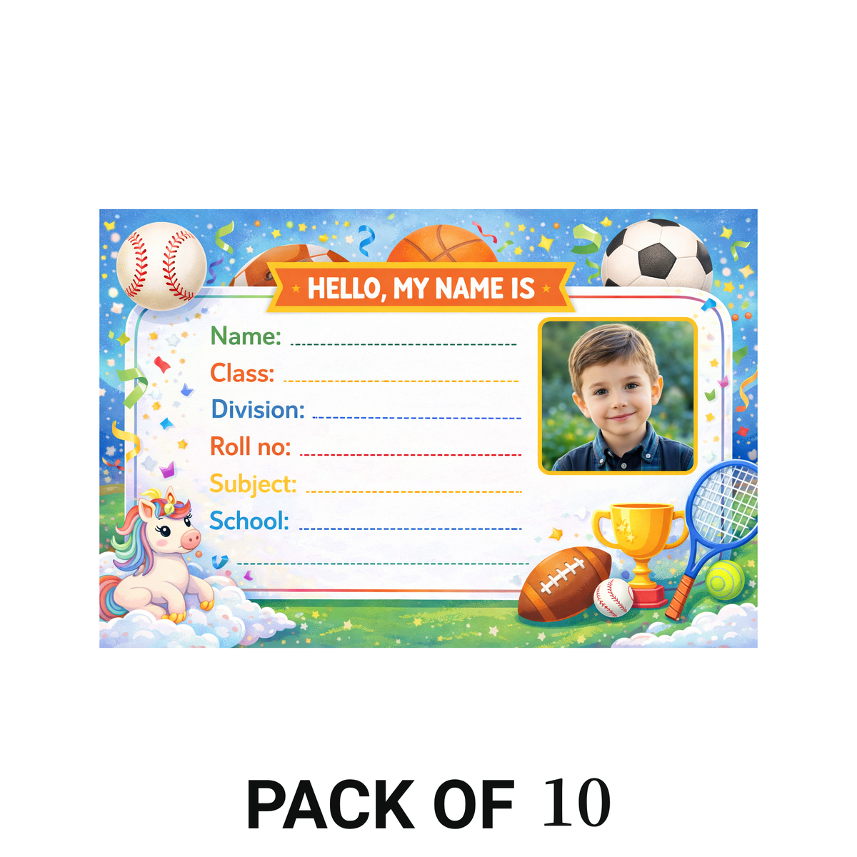 Smeeps Personalized Sports Theme School Label Stickers – Pack of 10 | 3 x 2 Inch Custom Name Labels with Photo | Football, Cricket, Basketball Design | Waterproof Premium Finish