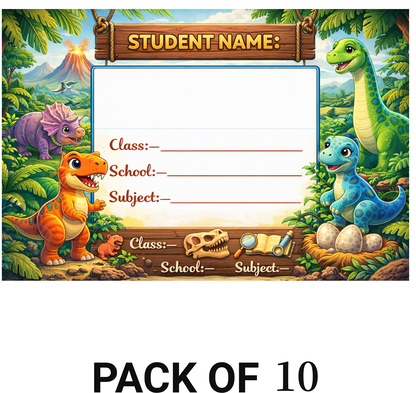 Smeeps Dinosaur Jungle School Name Labels Sticker – 7.62 × 5.08 cm (3 × 2 Inch) Personalized Writable Notebook Labels for Kids | Cute Dino Adventure Theme Sticker Pack of 10