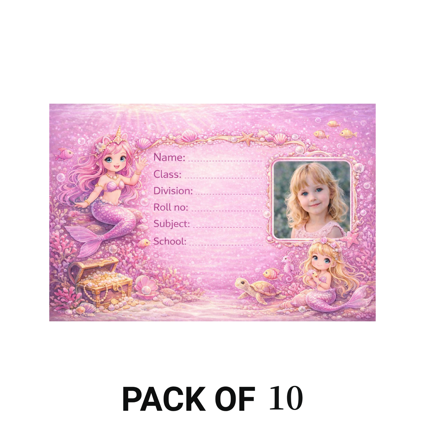 Smeeps Personalized Mermaid School Label Stickers – Pack of 10 | 3 x 2 Inch Custom Name Labels with Photo | Pink Underwater Ocean Theme | Waterproof Premium Stickers for Kids
