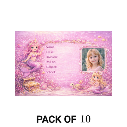 Smeeps Personalized Mermaid School Label Stickers – Pack of 10 | 3 x 2 Inch Custom Name Labels with Photo | Pink Underwater Ocean Theme | Waterproof Premium Stickers for Kids