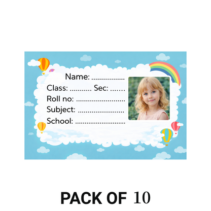 Smeeps Personalized Sky Theme School Label Stickers – Pack of 10 | 3 x 2 Inch Custom Name Labels with Photo | Cloud, Rainbow & Hot Air Balloon Design | Waterproof Premium Finish